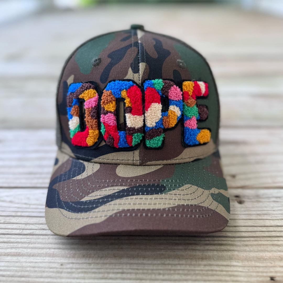 Colorful chenille DOPE patch on camouflage trucker hat - Rebel P Customs
