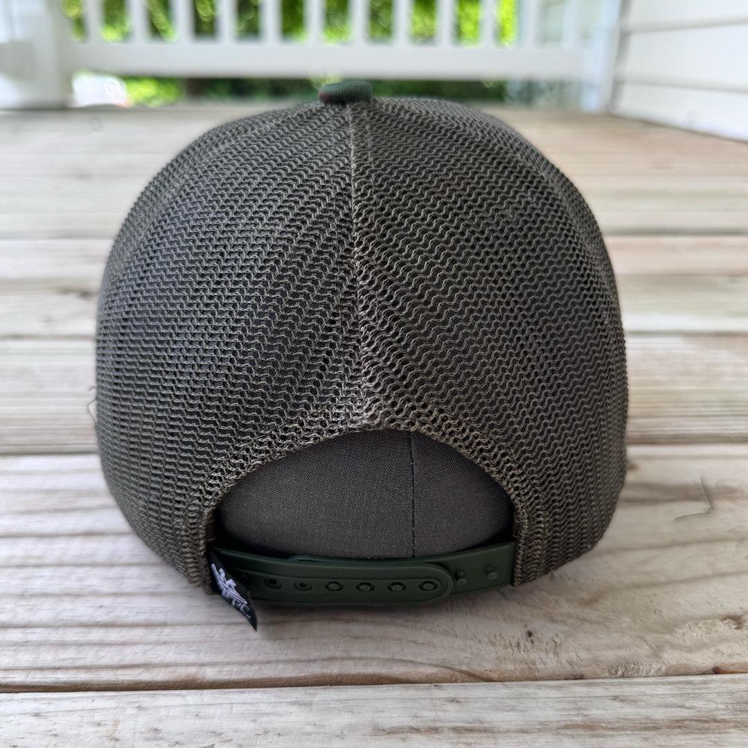 Back view of camouflage trucker hat with colorful chenille DOPE patch and mesh back - Rebel P Customs