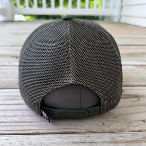 Back view of camouflage trucker hat with colorful chenille DOPE patch and mesh back - Rebel P Customs
