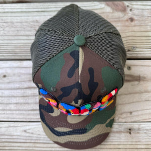 Top view of camouflage trucker hat with colorful chenille DOPE patch and mesh back - Rebel P Customs