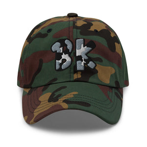The City Collection BK Basketball camo hat with oversized gray and black embroidered lettering