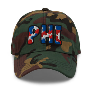 The City Collection PHI Basketball camo hat with oversized embroidered lettering