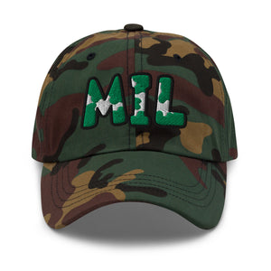 The City Collection MIL Basketball camo hat with oversized embroidered lettering