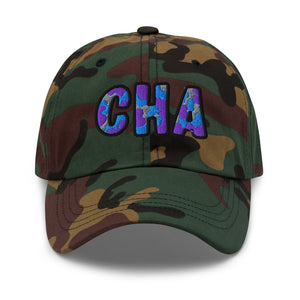The City Collection CHA Basketball camo hat with oversized embroidered lettering