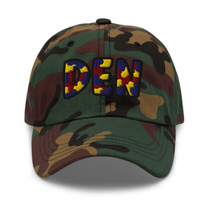 The City Collection DEN Basketball camo hat with oversized embroidered lettering