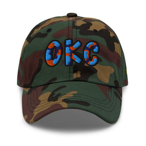 The City Collection OKC Basketball camo hat with oversized embroidered lettering