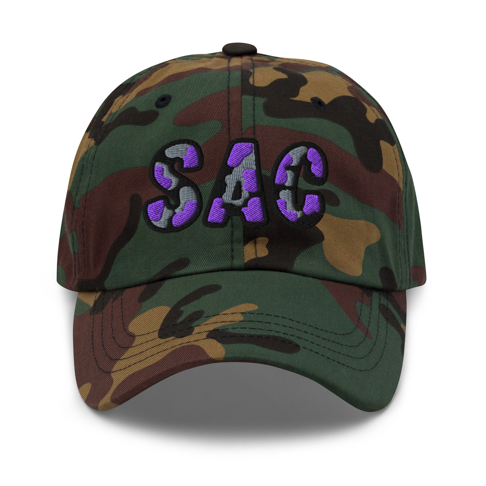 The City Collection SAC Basketball camo hat with oversized embroidered lettering