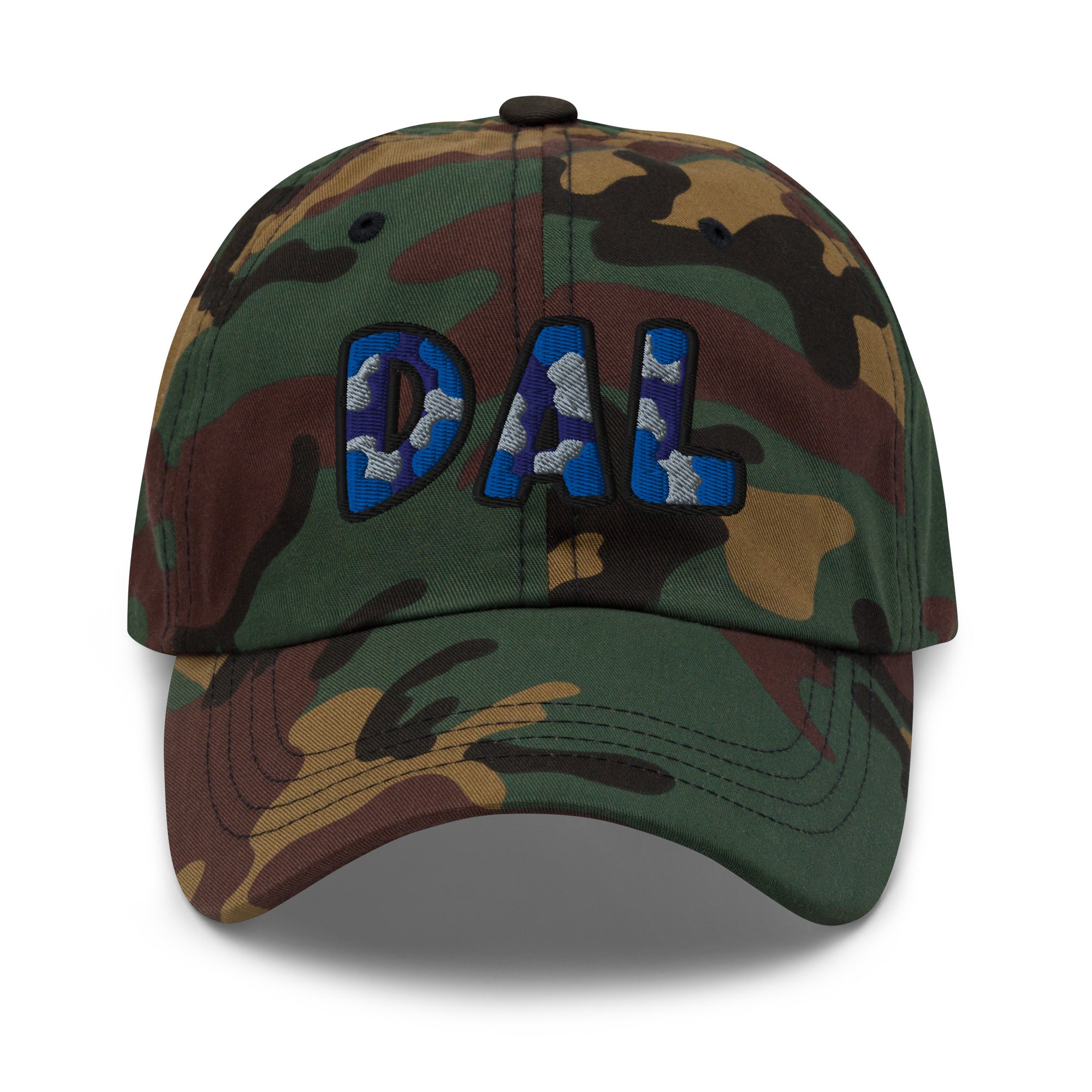The City Collection DAL Basketball camo hat with oversized embroidered lettering