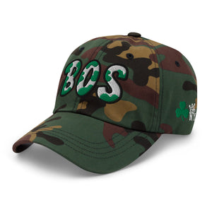 side view The City Collection BOS Basketball camo hat with oversized embroidered lettering