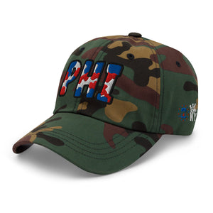 side view The City Collection PHI Basketball camo hat with oversized embroidered lettering