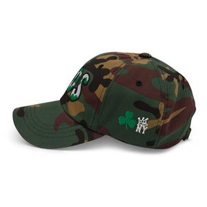 side view The City Collection BOS Basketball camo hat with oversized embroidered lettering