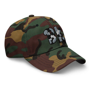 The City Collection BK Basketball camo hat with oversized gray and black embroidered lettering