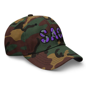 The City Collection SAC Basketball camo hat with oversized embroidered lettering
