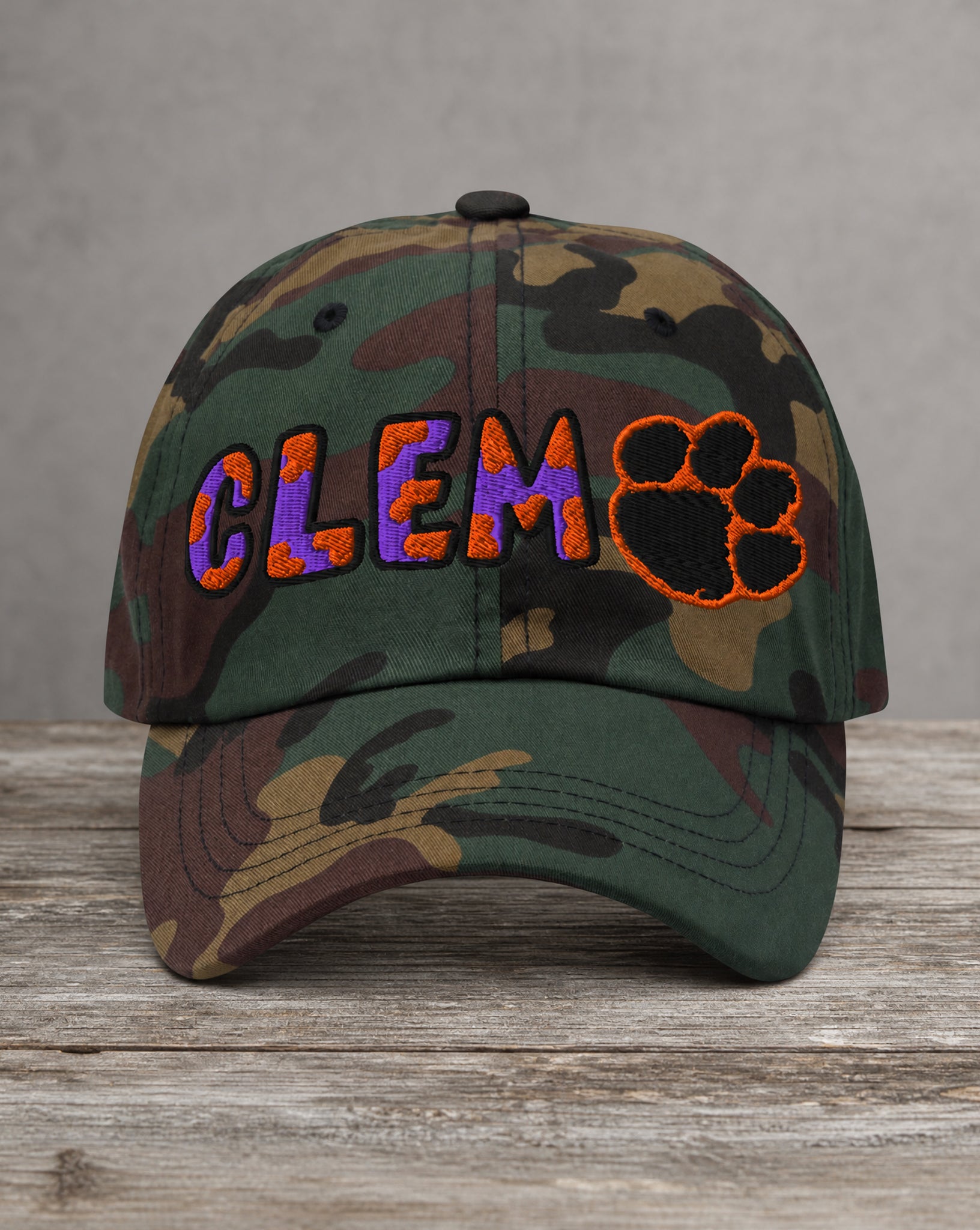 Hand-drawn CLEM camo patched hat with orange paw print appliqué, handcrafted City Collection by Believe In New York