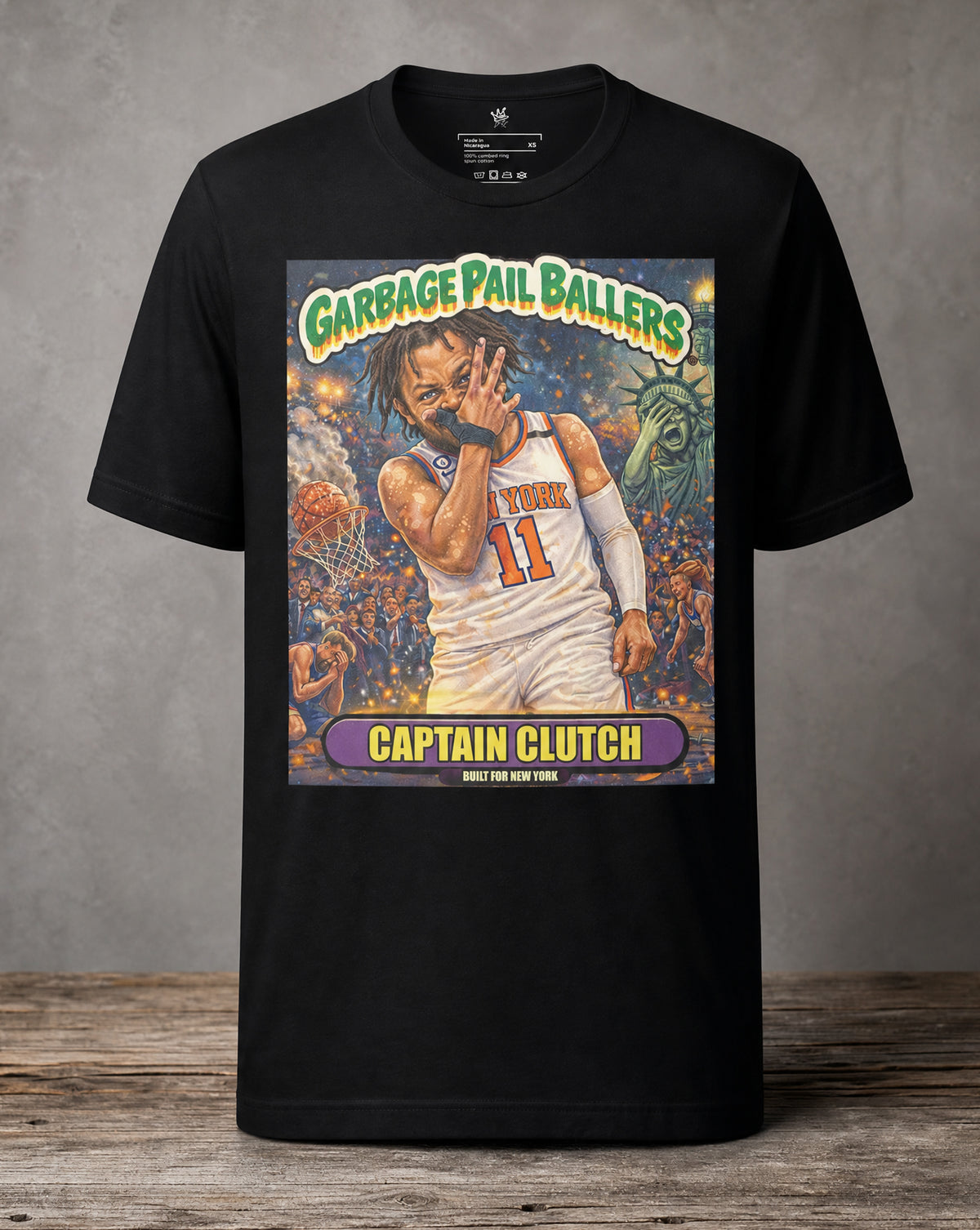 Front View Garbage Pail Ballers™ Captain Clutch Jalen Brunson-inspired Vintage Hardwood Classics basketball graphic T-shirt