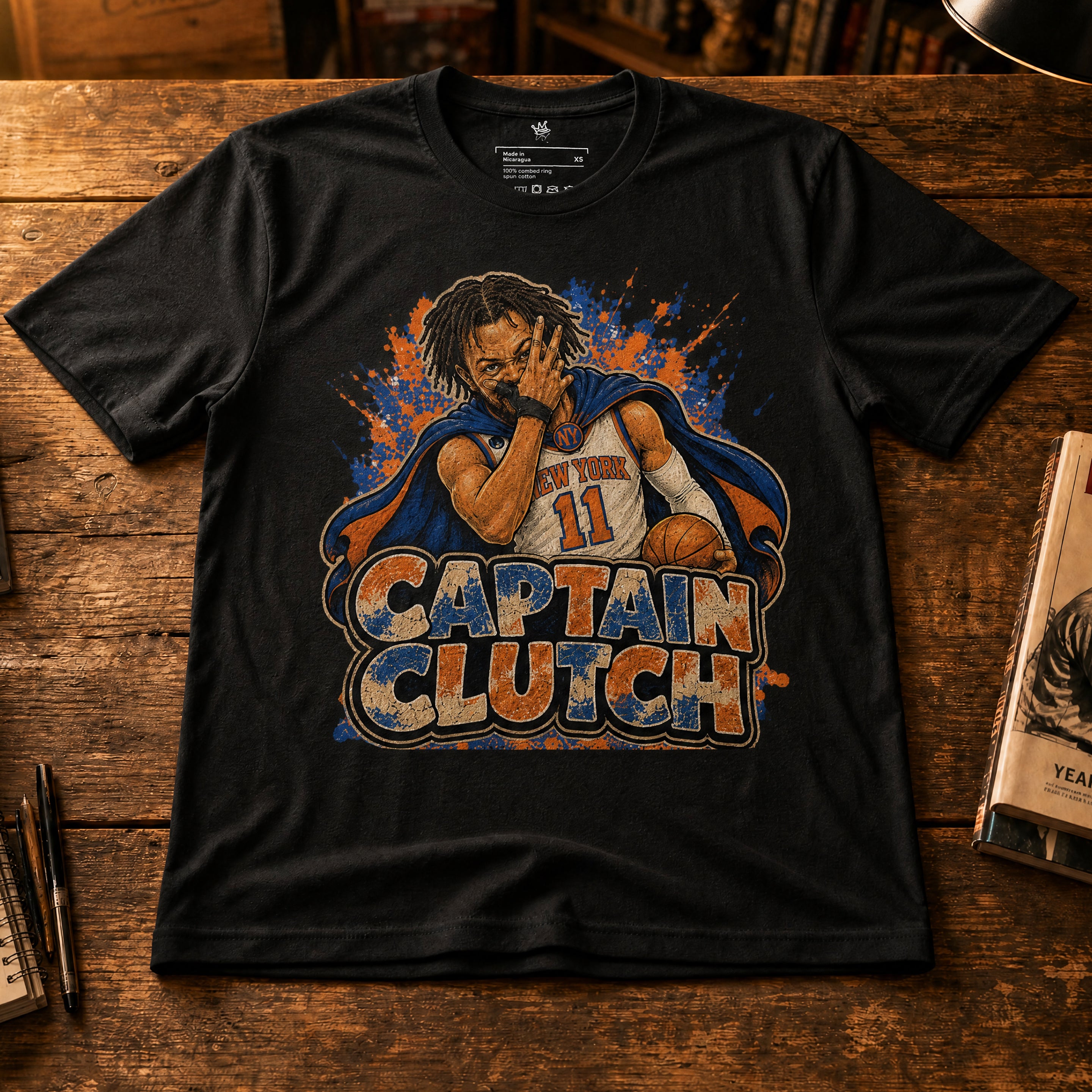 Garbage Pail Ballers™ Clutch Mode Jalen Brunson-inspired basketball graphic T-shirt with vintage collectible card artwork