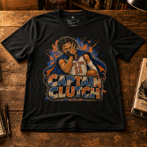 Garbage Pail Ballers™ Clutch Mode Jalen Brunson-inspired basketball graphic T-shirt with vintage collectible card artwork
