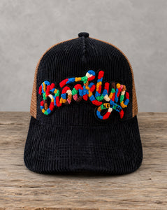 The City Collection Brooklyn chenille corduroy trucker hat with handcrafted chenille design