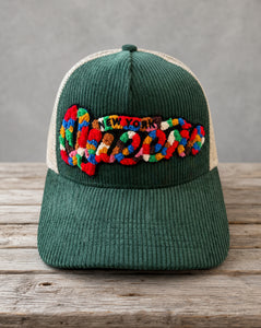 The City Collection Queens chenille corduroy trucker hat with handcrafted chenille design