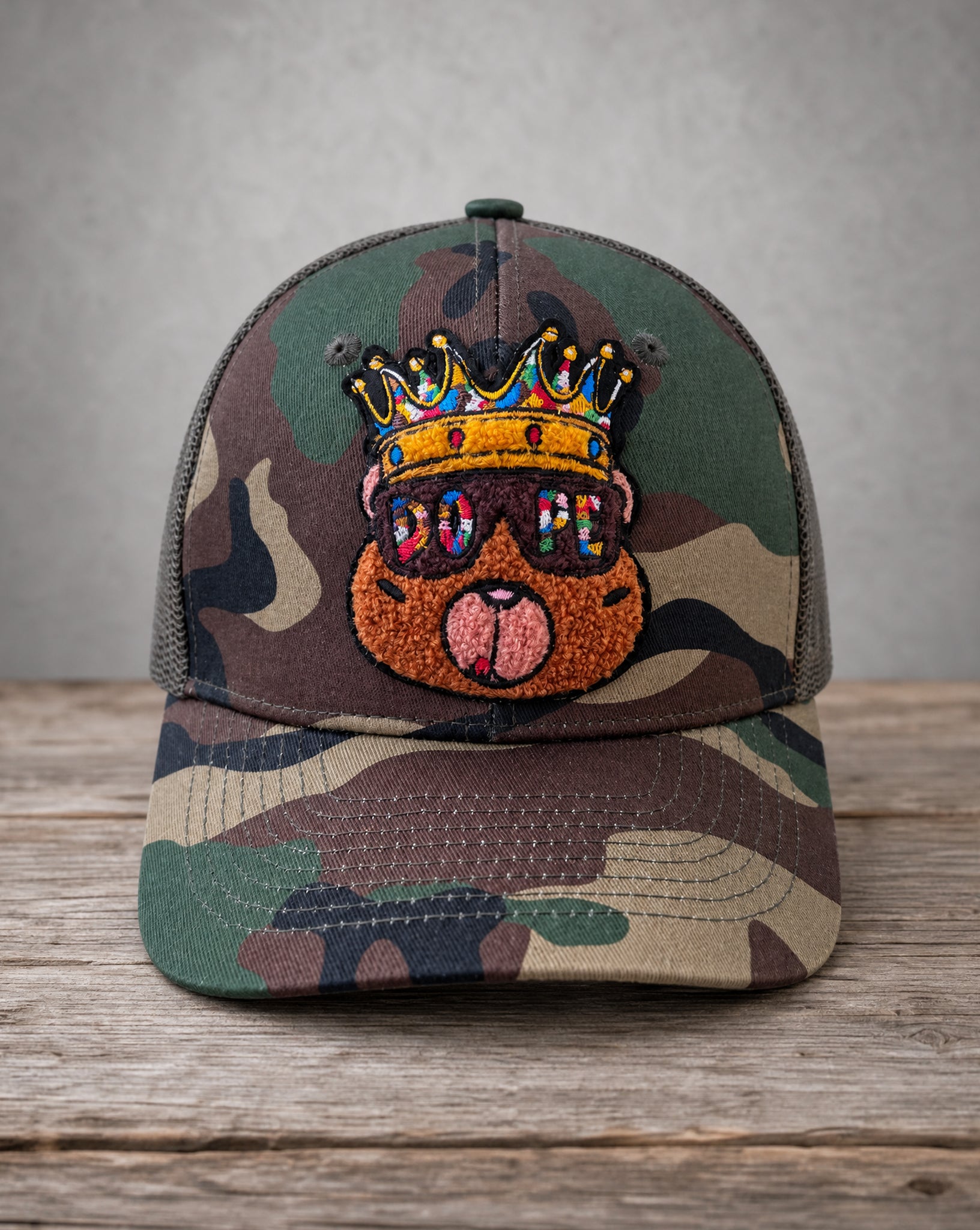 DOPE Crown Bear chenille mid-pro snapback trucker cap with handcrafted chenille design