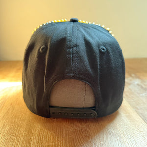 back view Black and gold pearl crystal appliqué New York hat with handcrafted embellishments