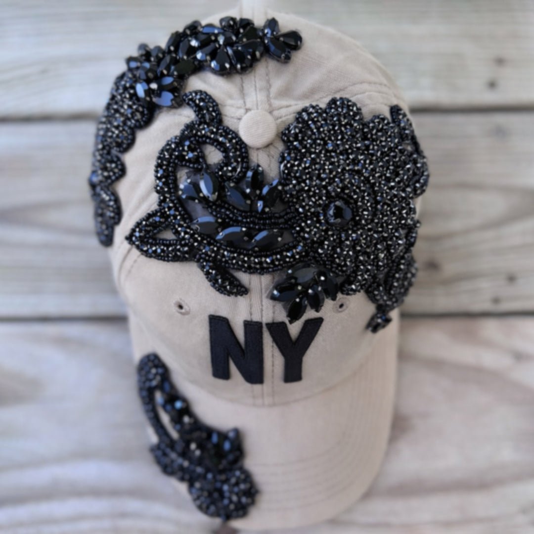 Custom Beaded Black Crystal Applique Big New York Hat - Rebel P Customs