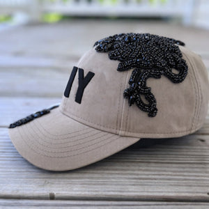 Custom Beaded Black Crystal Applique Big New York Hat - Rebel P Customs