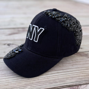 Custom Beaded Black Crystal Applique New York Hat - Rebel P Customs
