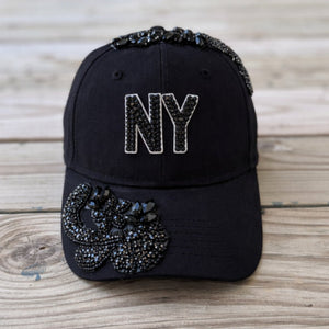 Custom Beaded Black Crystal Applique New York Hat - Rebel P Customs