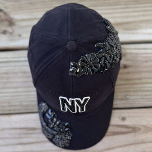 Custom Beaded Black Crystal Applique New York Hat - Rebel P Customs