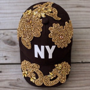 Custom Beaded Gold Crystal Applique Brown New York Hat - Rebel P Customs