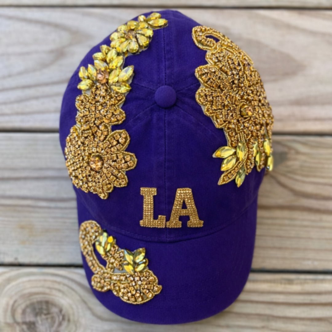 Custom Beaded Gold Crystal Applique LA Hat - Rebel P Customs