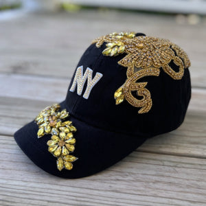 Custom Beaded Luminous Gold Crystal Applique New York Hat - Rebel P Customs