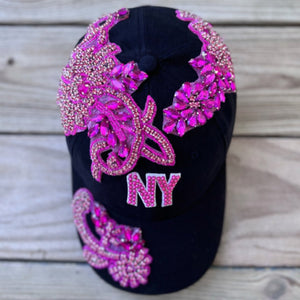 Custom Beaded Pink Crystal Applique New York Hat - Rebel P Customs
