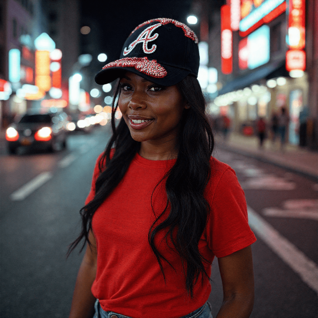 model wearing Custom Beaded Red Crystal Applique Atlanta Hat 