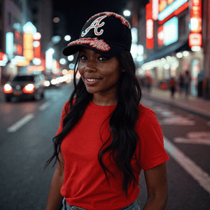 model wearing Custom Beaded Red Crystal Applique Atlanta Hat 