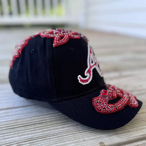 side view Red Crystal Appliqué Atlanta Hat with handcrafted rhinestone details