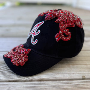 side view Red Crystal Appliqué Atlanta Hat with handcrafted rhinestone details