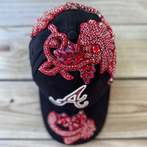 top view Red Crystal Appliqué Atlanta Hat with handcrafted rhinestone details