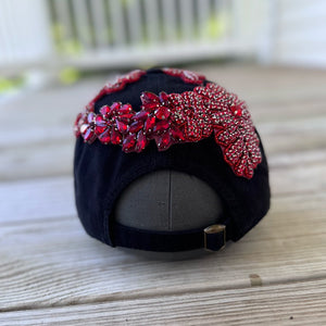 back view Red Crystal Appliqué Atlanta Hat with handcrafted rhinestone details