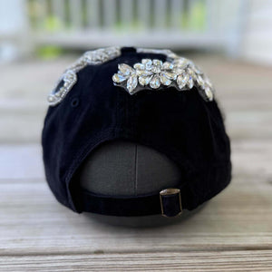 Back view Front view of Silver Crystal Appliqué New York Hat with large statement crystal design