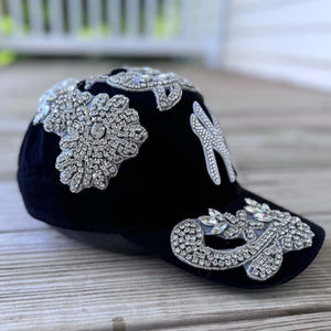Side view Front view of Silver Crystal Appliqué New York Hat with large statement crystal design