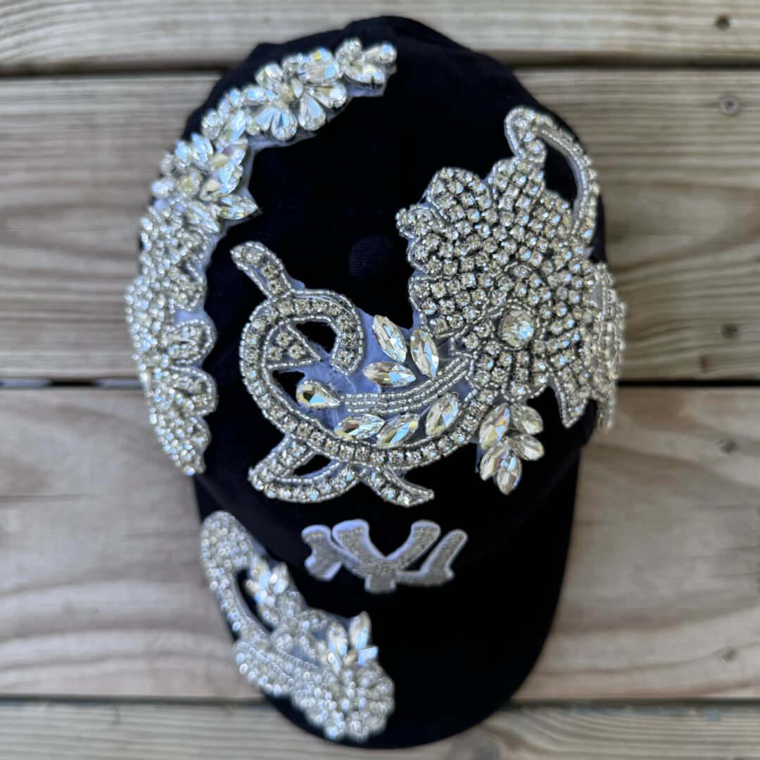 Top view Front view of Silver Crystal Appliqué New York Hat with large statement crystal design