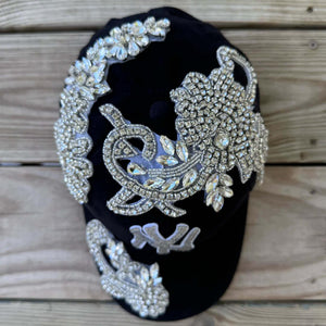 Top view Front view of Silver Crystal Appliqué New York Hat with large statement crystal design