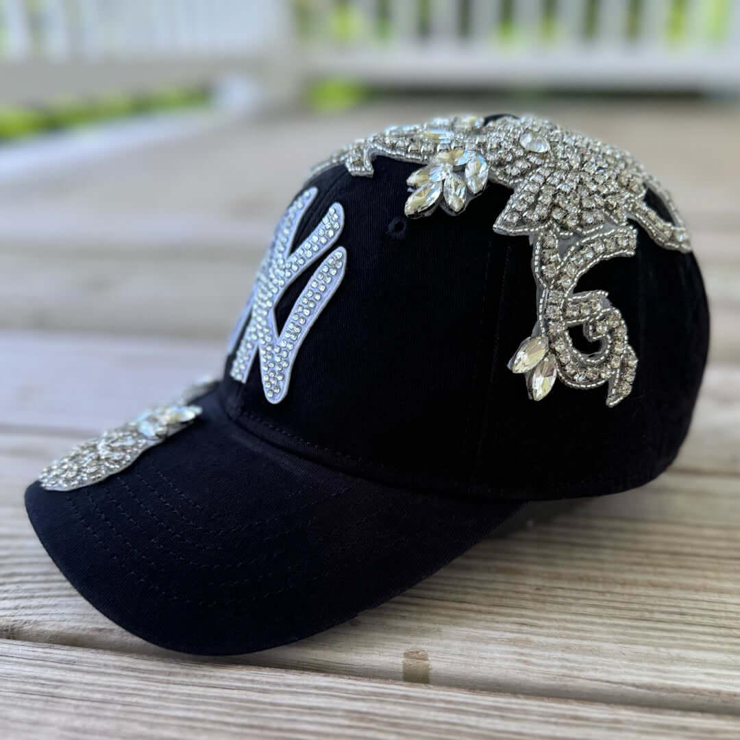 Side view Front view of Silver Crystal Appliqué New York Hat with large statement crystal design