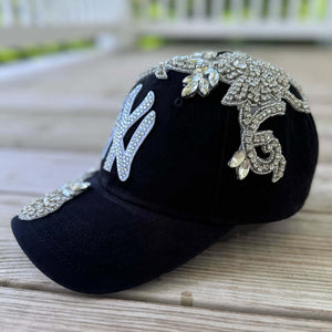 Side view Front view of Silver Crystal Appliqué New York Hat with large statement crystal design