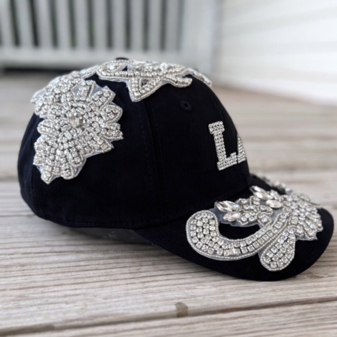 Custom Beaded Silver Crystal Applique LA Hat - Rebel P Customs