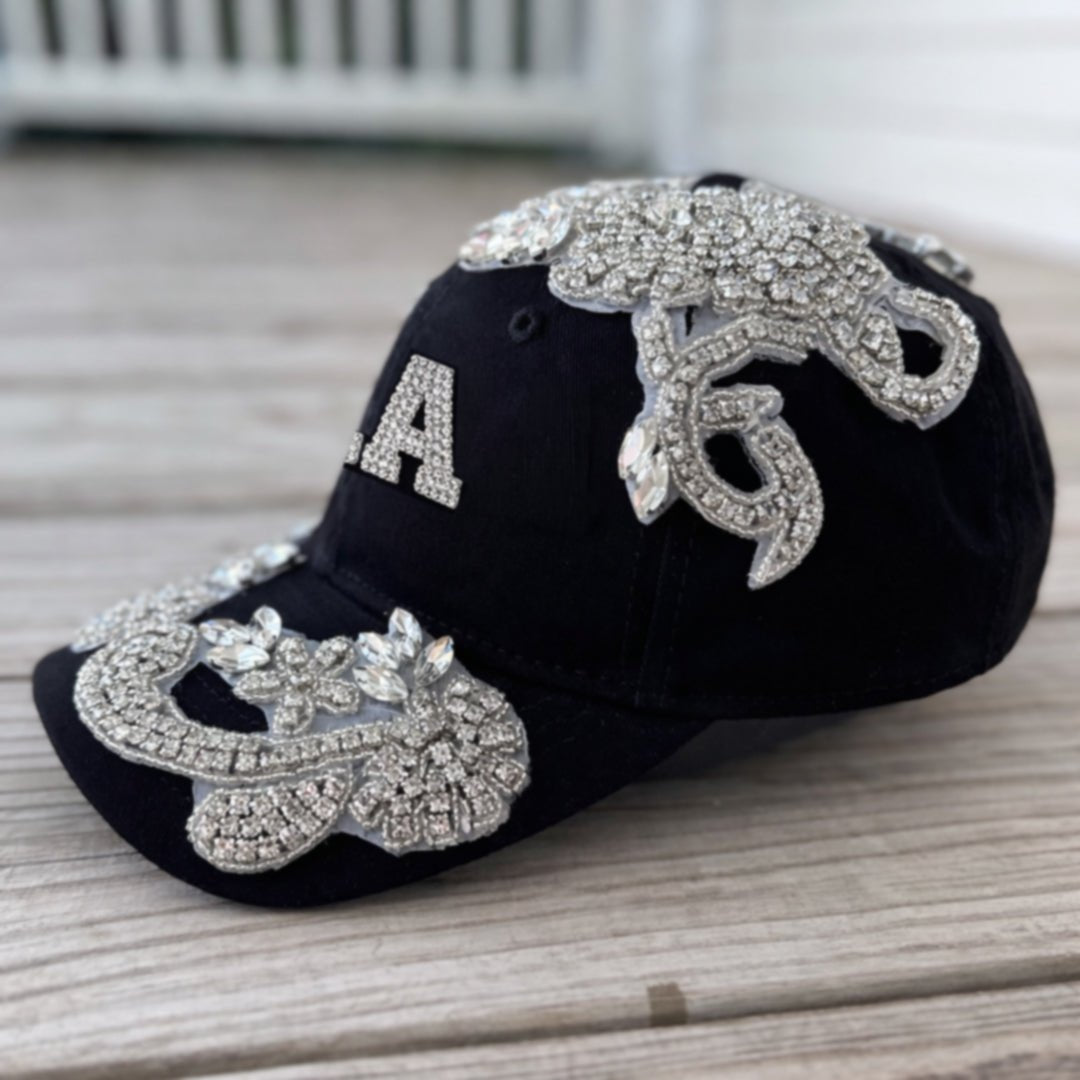Custom Beaded Silver Crystal Applique LA Hat - Rebel P Customs