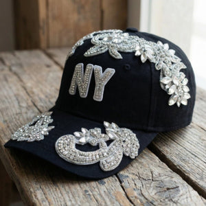Custom Beaded Silver Crystal Applique New York Hat - Rebel P Customs