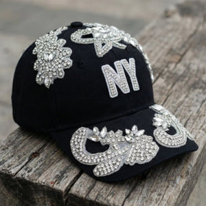 Custom Beaded Silver Crystal Applique New York Hat - Rebel P Customs
